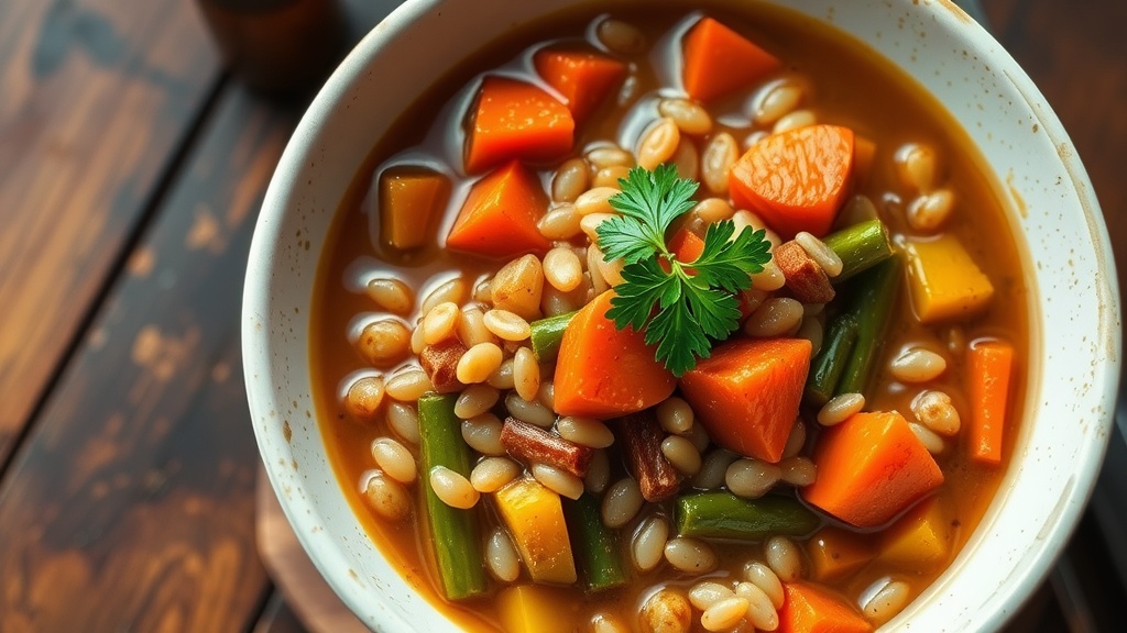 Hearty Vegetable Barley Stew Recipe A bowl of vegetable barley stew with carrots, celery, and green beans, garnished with parsley on a rustic table.